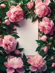 Beautiful fresh peony flowers with green leaves laying on the table with empty space in the center. Flowers mockup
