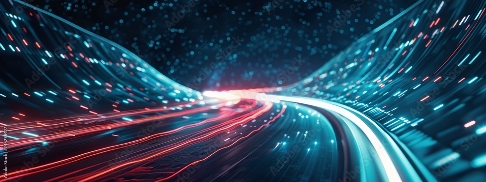 Poster abstract high speed light trails panoramic background illustrating the rapid movement and synchrony 