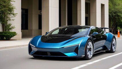 Sleek Blue Sports Car With Futuristic Design Elements Parked On A City Street,