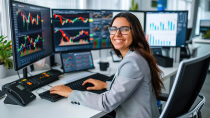 A cheerful financial analyst works with advanced trading software, surrounded by high-tech screens displaying live market data