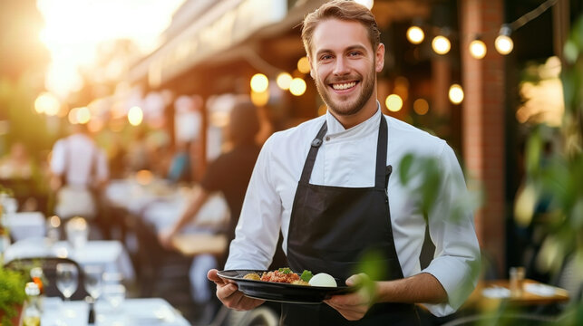 Confident restaurant waiter is serving dishes on summer restaurant patio