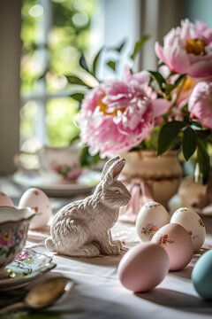 Porcelain statuette of easter bunny on table with painted eggs and spring flowers. Setting festive table for Easter brunch. Happy Easter concept. Table serving decor concept. Design for banner, card