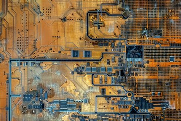 A close-up view of a complex and intricate electronic circuit board.