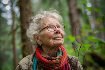 An elderly woman exploring a serene and green forest.