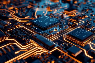 Obraz premium A close-up of a vibrant and detailed computer motherboard illuminated with red and blue lights