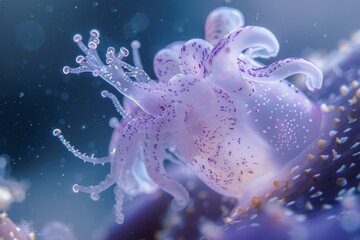 Obraz premium A translucent jellyfish with purple spots floating underwater surrounded by small bubbles.