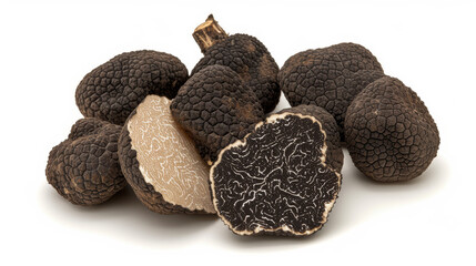 Prized delicacies, black truffles, are elegantly presented against a pristine white backdrop, showcasing their exquisite texture and enticing aroma.