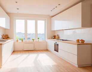 This modern kitchen, awash with natural light, boasts pristine white cabinetry and a warm wooden countertop, creating an inviting space that’s both functional and stylish.