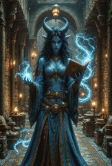 Fototapeta na wymiar Blue Devil Tiefling Mage Witch