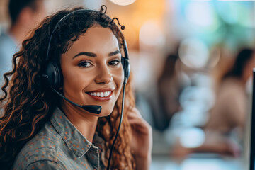 A female customer support operator wearing a headset smiles warmly, ready to assist with professionalism and empathy.