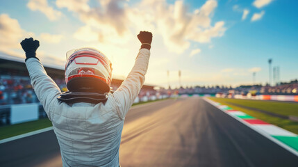 A victorious race winner, donned in a helmet, celebrates triumphantly on the race track, basking in the glory of their achievement amidst the cheers of the crowd. - obrazy, fototapety, plakaty