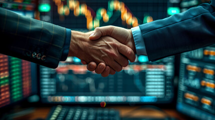 Close-up of an employer shaking hands with an employee in a server room interior. The concept of successful business, modern technology and making a deal.