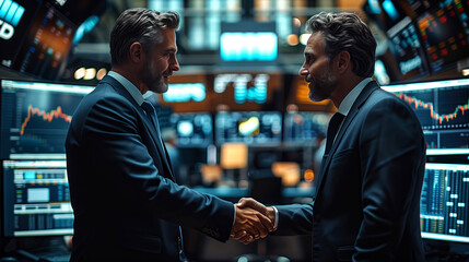 Close-up of an employer shaking hands with an employee in a server room interior. The concept of successful business, modern technology and making a deal.