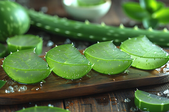 Aloe vera gel and pieces of aloe vera on a wooden table
