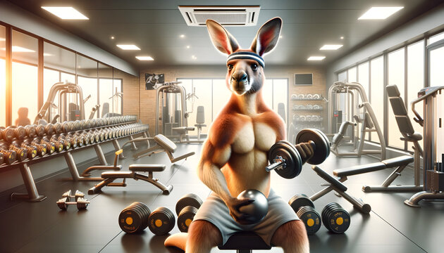  Kangaroo in gym attire and lifting weights for workout