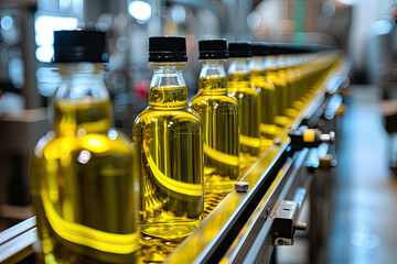 Bottles of Oil Progressing on Conveyor Belt