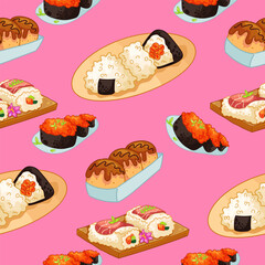 Sushi rolls seamless pattern japan Asian food vector design isolated on colorful background