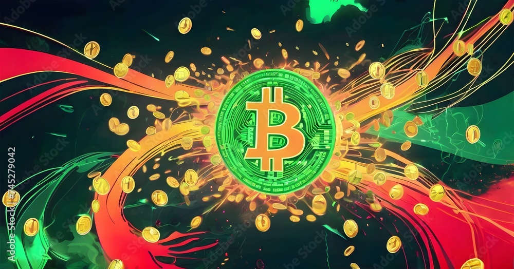 Fototapete A mesmerizing art display of bitcoins floating in a circle, illuminated by visual effect lighting on a dark background, creating a symmetrical and visually stunning logo for an entertainment event