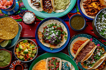 Fototapeta na wymiar Mexican food tacos view top