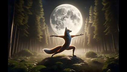  Fox doing yoga in forest, amusingly serene and focused 