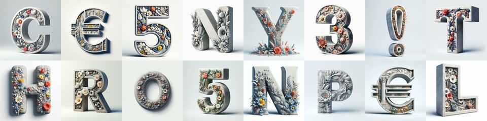 Concrete letters blens with flowers shape 3D Lettering Typeface. AI generated illustration