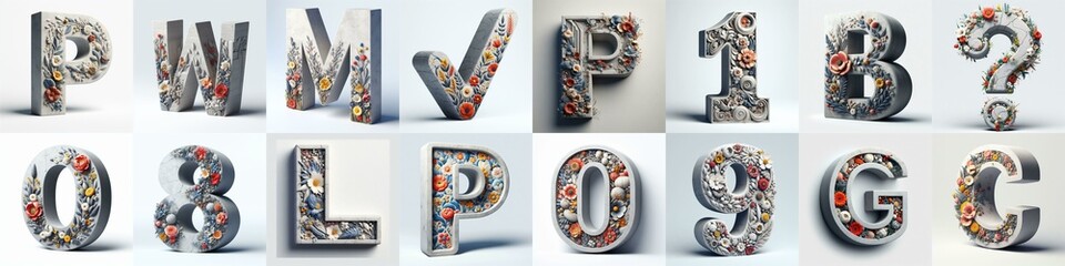 Concrete letters blens with flowers shape 3D Lettering Typeface. AI generated illustration