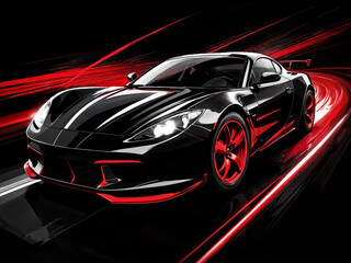 Sports car sketch illustration with dynamic abstract lines on the background..