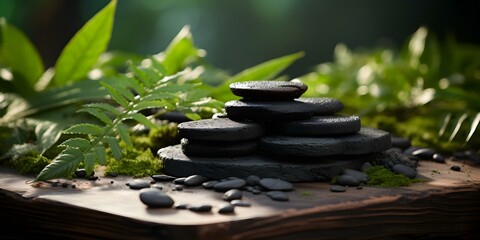 Bamboo charcoal extract on podium with foliage offers skin benefits. Concept Beauty, Skincare, Bamboo Charcoal, Foliage, Skin Benefits