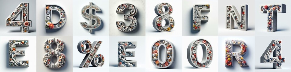 Concrete letters blens with flowers shape 3D Lettering Typeface. AI generated illustration - obrazy, fototapety, plakaty