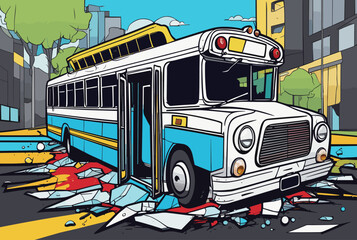 a broken bus and car in an accident