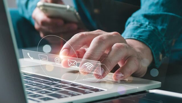 An operator's sign with icons for post-sale services is pointed out by a merchant. The customer satisfaction communication route