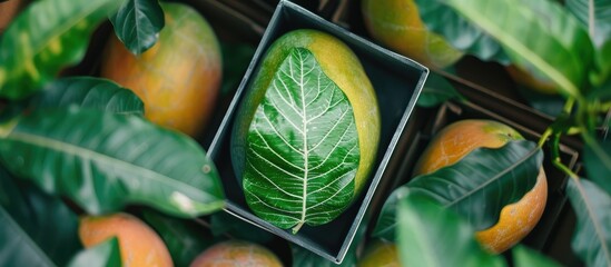 A green leaf with white stripes is placed in a black box surrounded by vibrant oranges. The leaf contrasts with the bright oranges, creating a visually striking composition. - obrazy, fototapety, plakaty