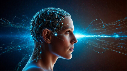 New technology, mind power control by thought. Telepathic communication, communications through the mind - obrazy, fototapety, plakaty