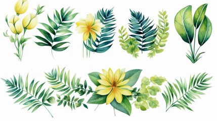 Set of watercolor illustrations with different green exotic leaves and flowers. Botanical illustration on white background for wedding, congratulations, wallpapers, fashion, backdrops, wrappers, print