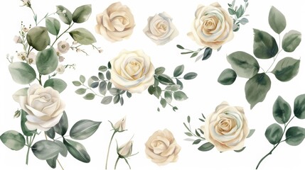 set of wedding watercolor illustrations, white roses with twigs, leaves and buds.