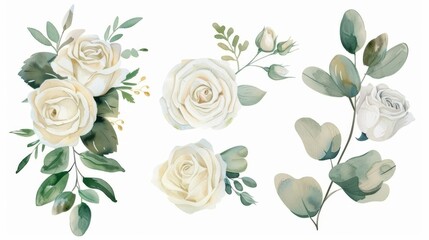 set of wedding watercolor illustrations, white roses with twigs, leaves and buds.