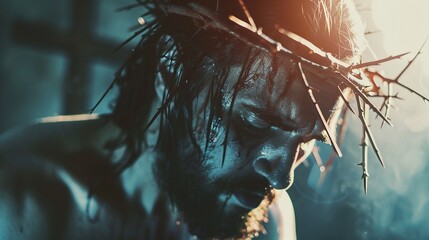 jesus wearing a crown of thorns depicting the ultimate sacrifice and suffering for humanity a cornerstone of religion and christianity - obrazy, fototapety, plakaty