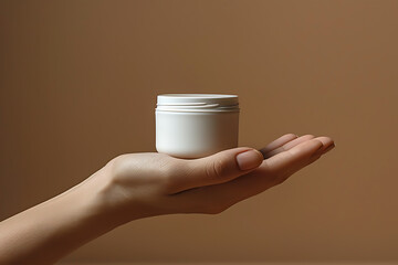 a female hand holds a cosmetic jar with applied cream. The concept of hand cream, lotion. Winter skin care. Copy space
