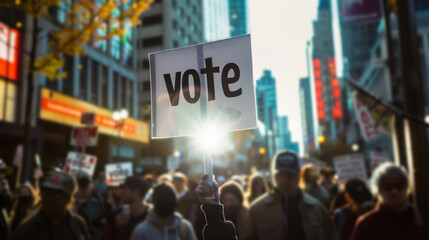 Vote sign held by a hand during a manifestation, polling, elections, politics, voting, political	