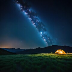 Fototapeta na wymiar Impressionnant Lever De Lune Sous L'arche De La Voie Lactée en camping nature