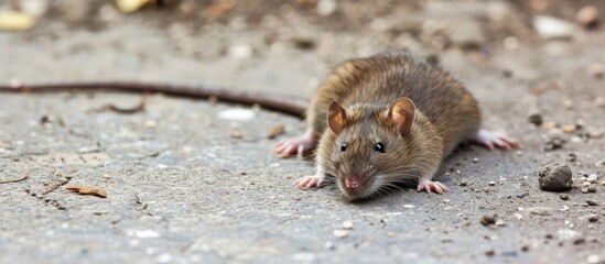 A rat is seated on the ground, facing the camera with its eyes directly in focus. The small rodent appears curious as it gazes towards the viewer in a moment of stillness.