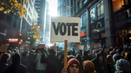 Vote sign held by a hand during a manifestation, polling, elections, politics, voting, political	