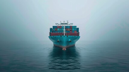 logistics and shipping operations depicted by a large blue cargo ship from a bow angle