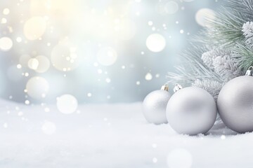 White Christmas Wonderland: Festive Holiday Backdrop with Frosted Spruce Branches, Silver Balls