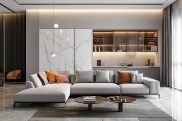 Stylish minimalist interior of a living room of a modern apartment with a grey sofa