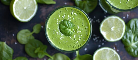 Two glasses filled with green smoothie made from organic greens, limes, and basil. The vibrant colors of the ingredients are visible; the drinks appear fresh and invigorating. - obrazy, fototapety, plakaty