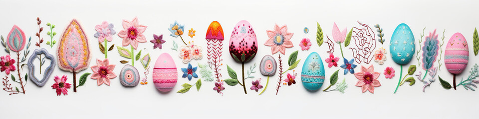 Vibrant embroidery banner of Easter decoration showcasing detailed stitch work