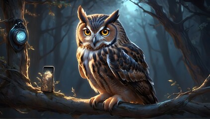 A majestic owl perched on a tree branch, its piercing gaze fixed on a glowing phone screen. The elegant creature seems to be lost in the digital world, captured in a stunning digital painting. - obrazy, fototapety, plakaty