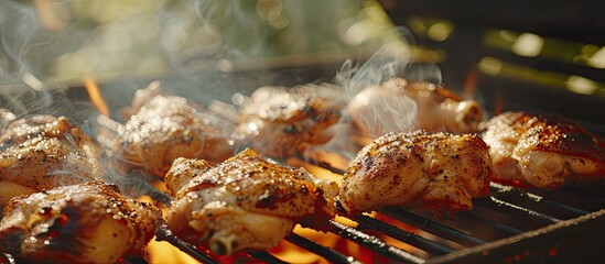 A close up view of chicken meat sizzling and cooking on an iron barbecue grill. The flames lick the meat, causing it to cook and develop a smoky flavor, creating a delicious meal.