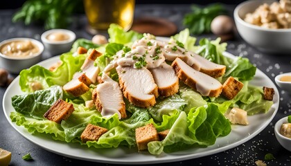 Chicken Caesar salad. Exquisite dish. Creative restaurant meal concept.
 - obrazy, fototapety, plakaty